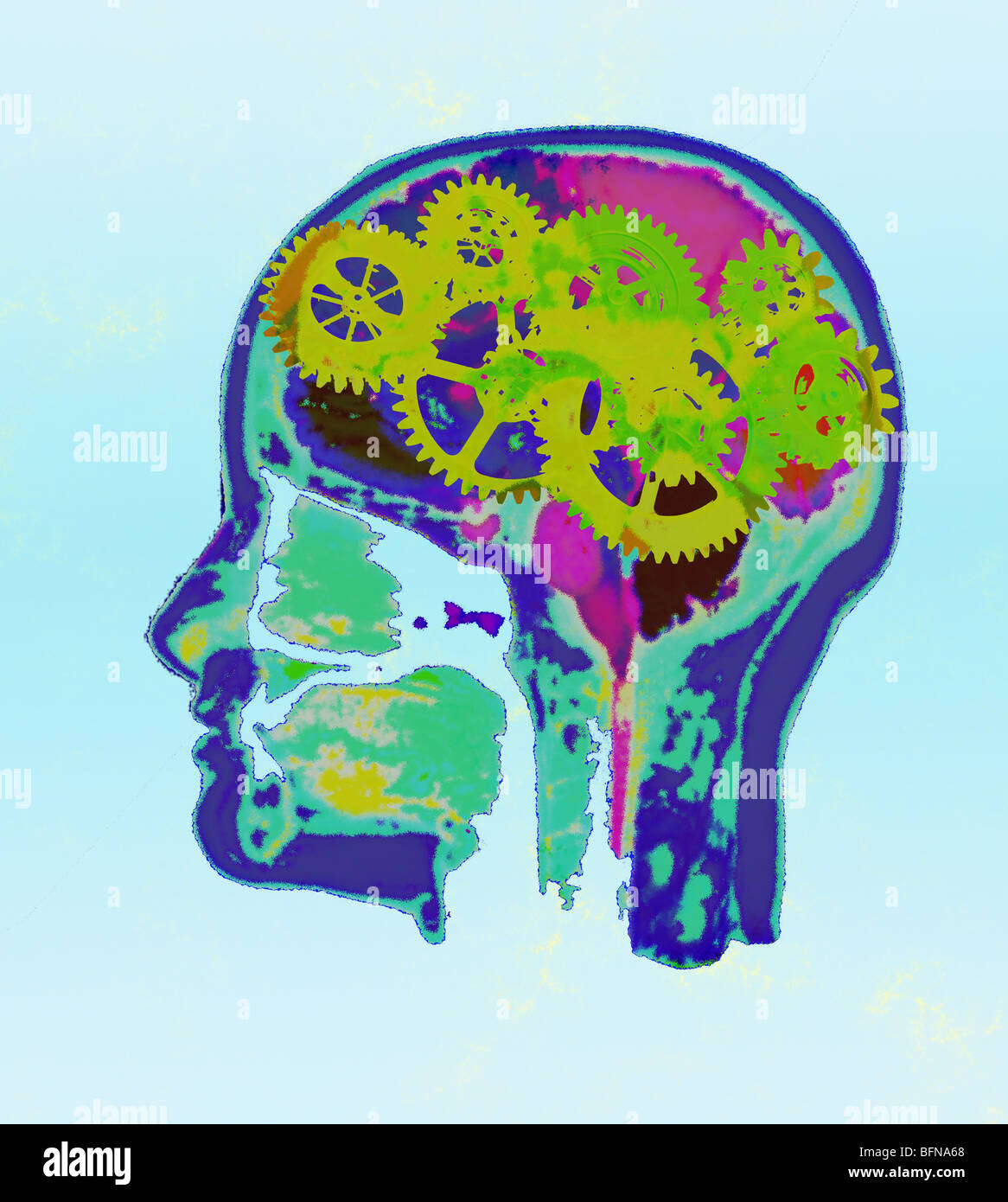 Illustration of a CT scan of the head and brain illustrating the concept of thought Stock Photo