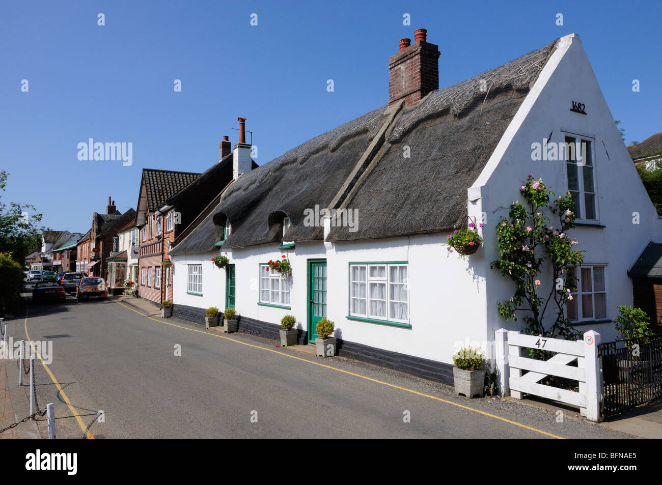 Thatched cottages along Lower Street, Horning, Norfolk Broads, England, UK. Stock Photo