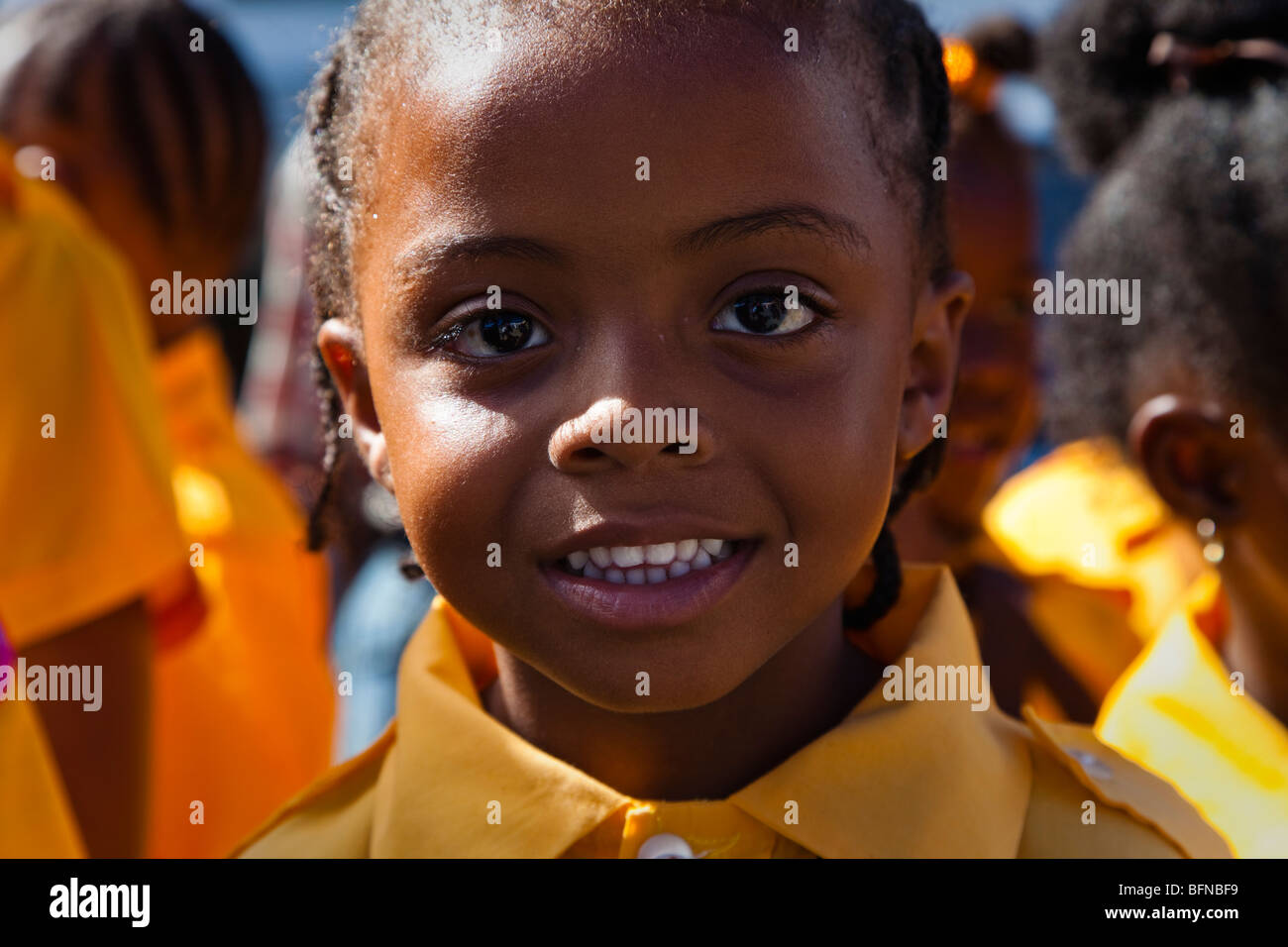 Young girl from Antigua dressed in Girl Guides outfit, celebrating Independence Day Stock Photo