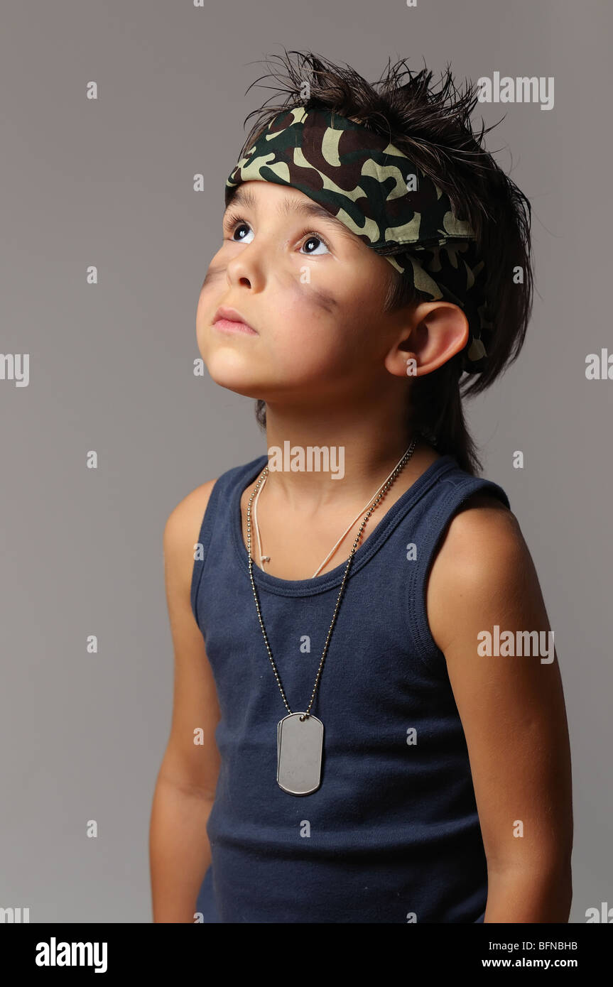 Military kid in bandana with dog tag Stock Photo - Alamy