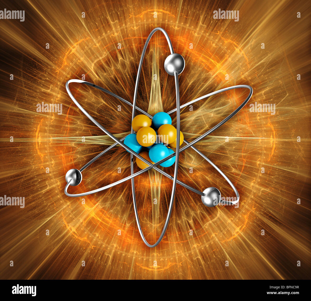 3D CGI model of the structure of the atom showing the nucleus and the electron orbitals Stock Photo