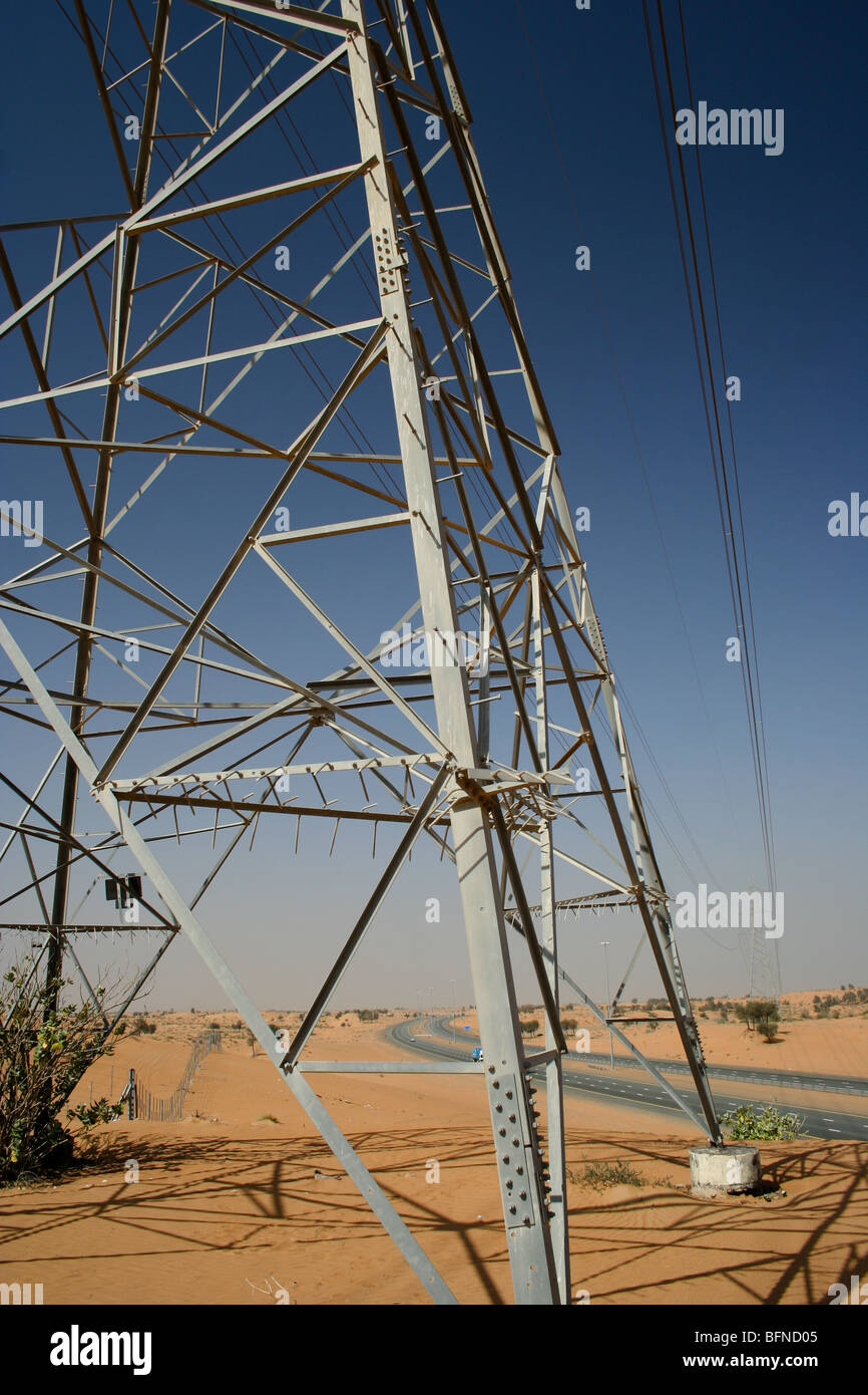 Power transmission lines in the desert uae Stock Photo Alamy