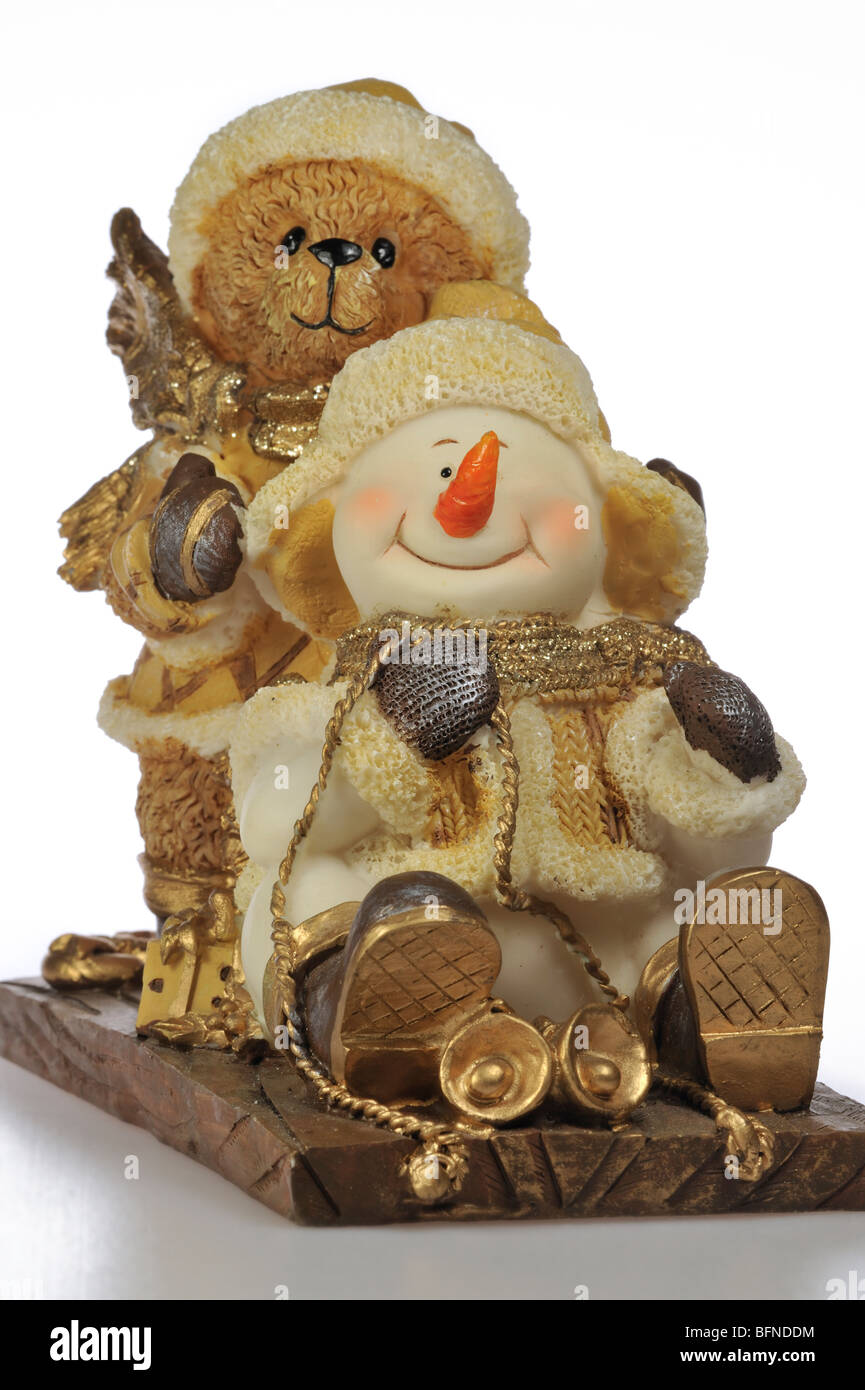 Christmas ornaments, decorations showing snowman and teddy bear on