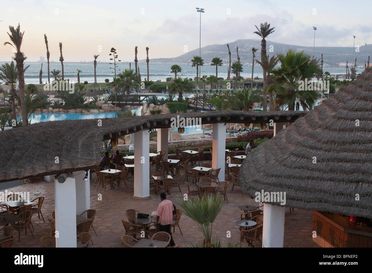Riu Tikida Dunas resort hotel Agadir Morocco. View overlooking the bar and pool area. Built after the 1960's earthquake. Stock Photo