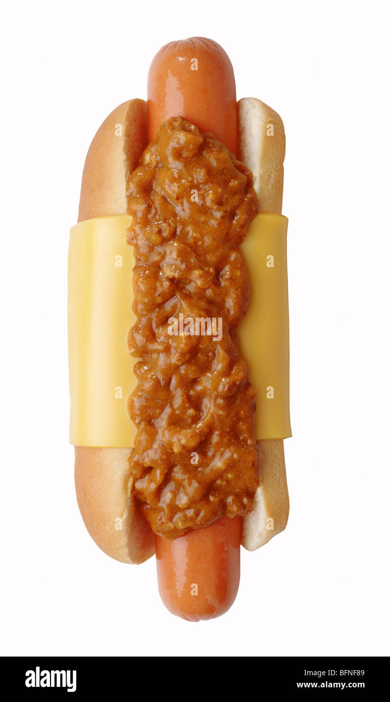 Chili cheese hot dog outlined on white Stock Photo