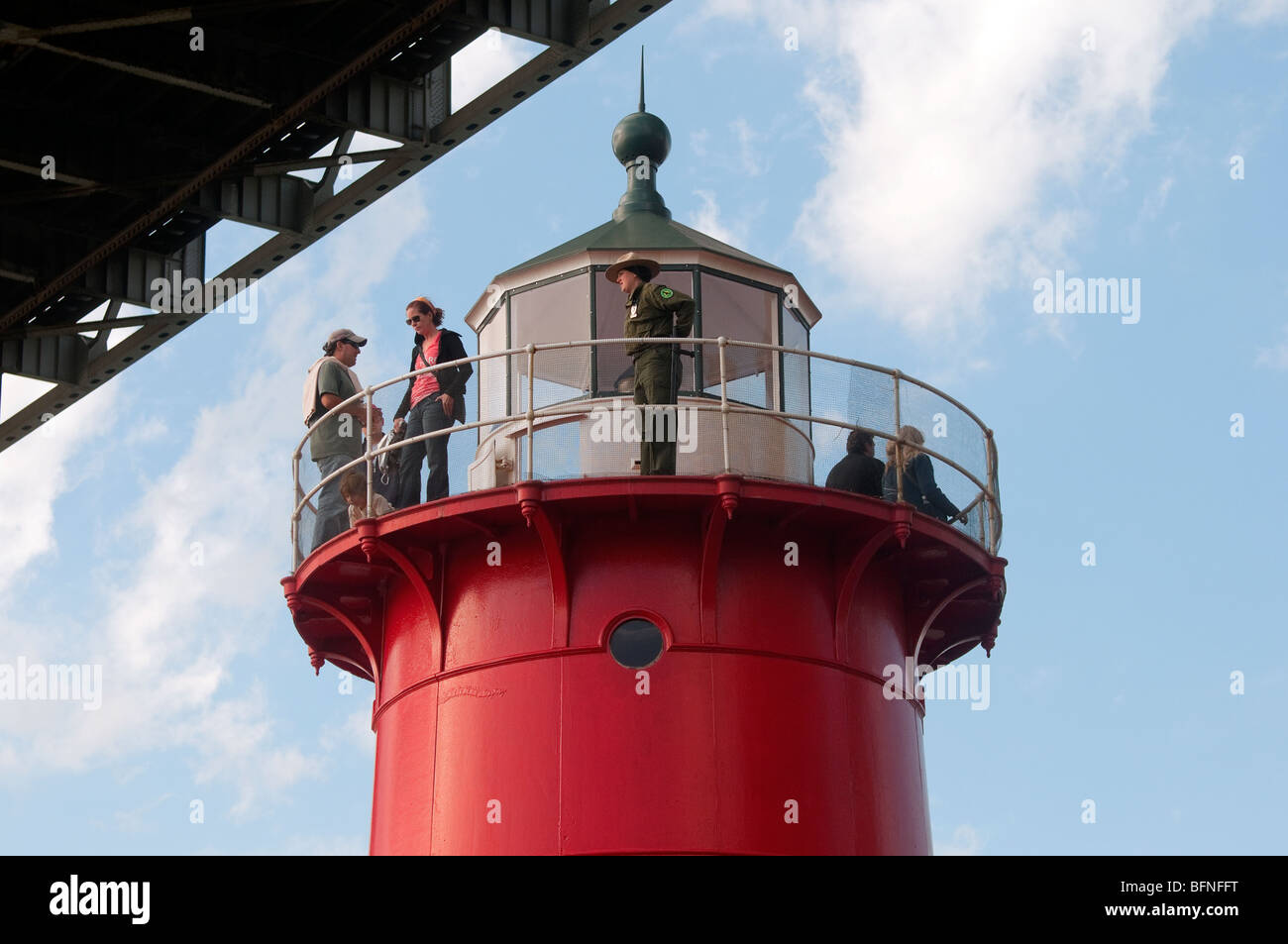 Visitors with a Parks Ranger at the top of the Little Red Lighthouse during Open House New York Stock Photo