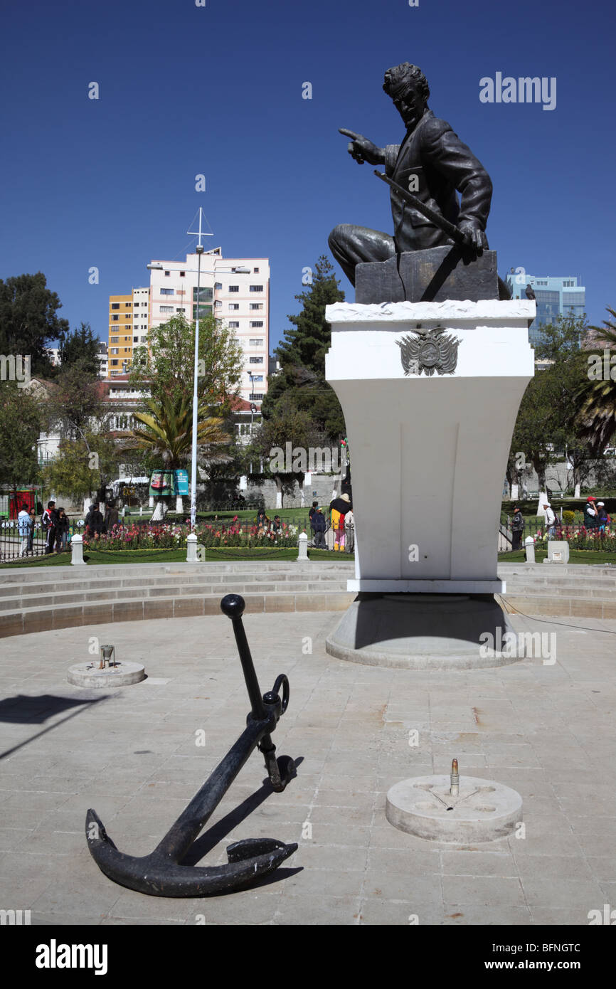 Monument to Eduardo Abaroa Hidalgo (a hero of the Battle of Calama during the War of the Pacific against Chile), Plaza Abaroa, La Paz, Bolivia Stock Photo