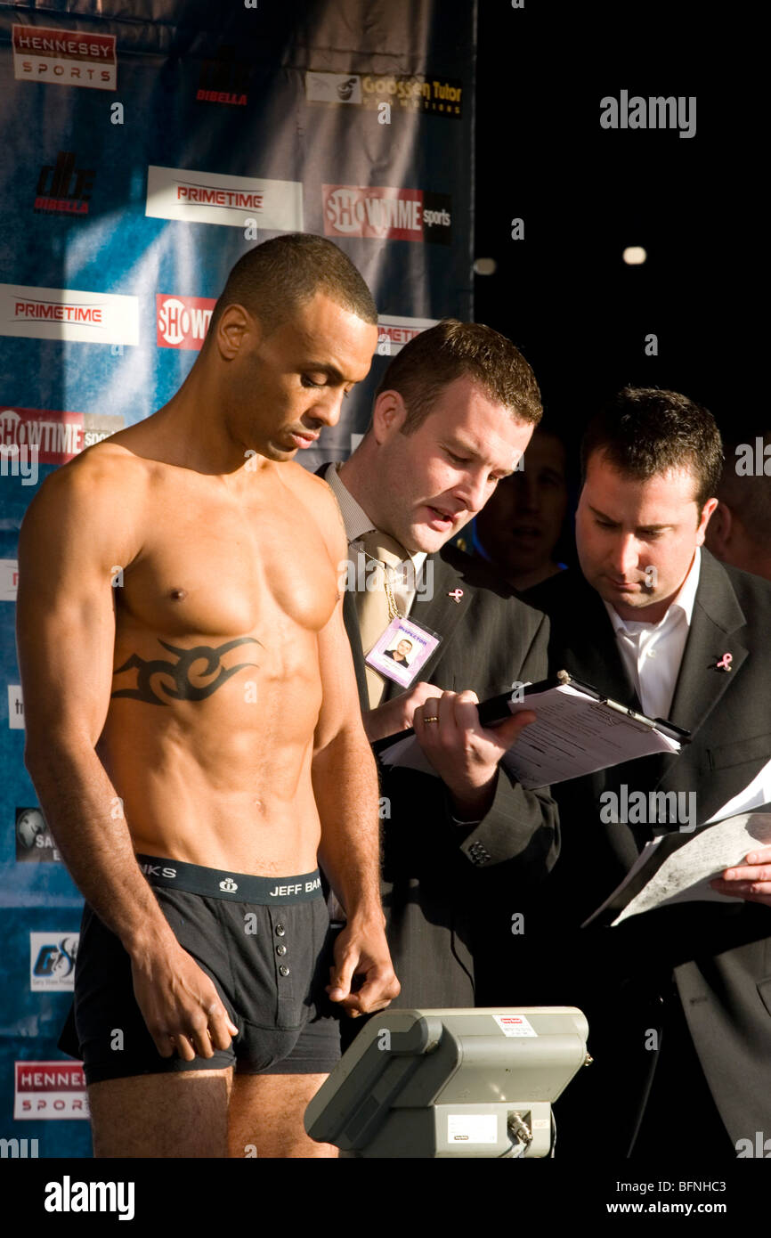 A boxer at his weigh in a day before his fight Stock Photo