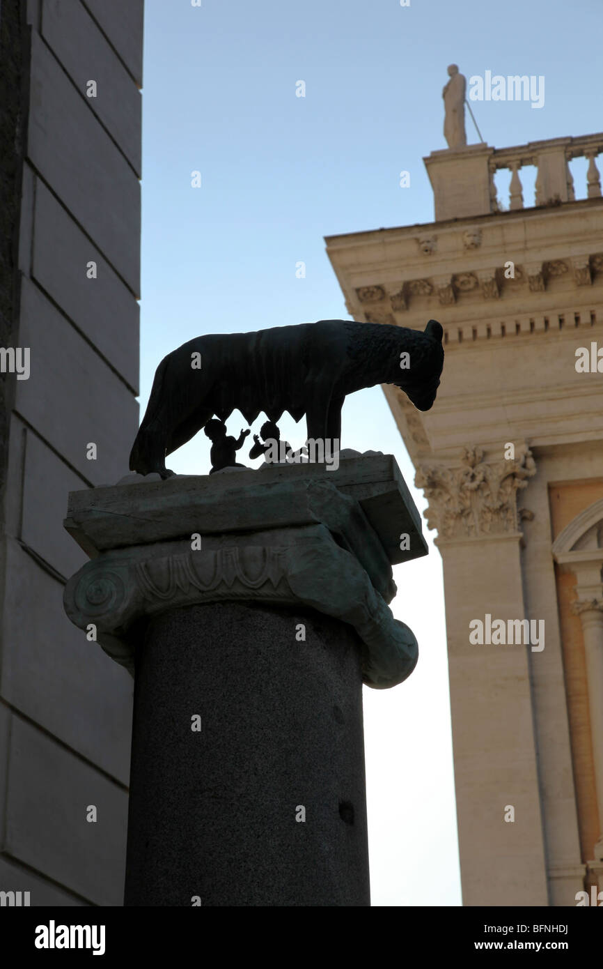 The statue of Romulus and Remus suckling a she-wolf at the Capitoline Hill in Rome, Italy Stock Photo