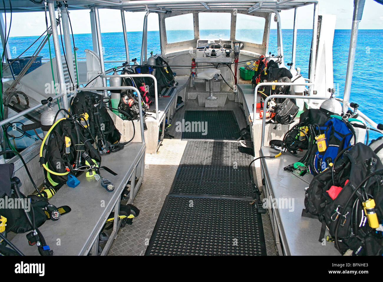 Dive skiff with dive gear aboard. Tahiti Aggressor. Stock Photo