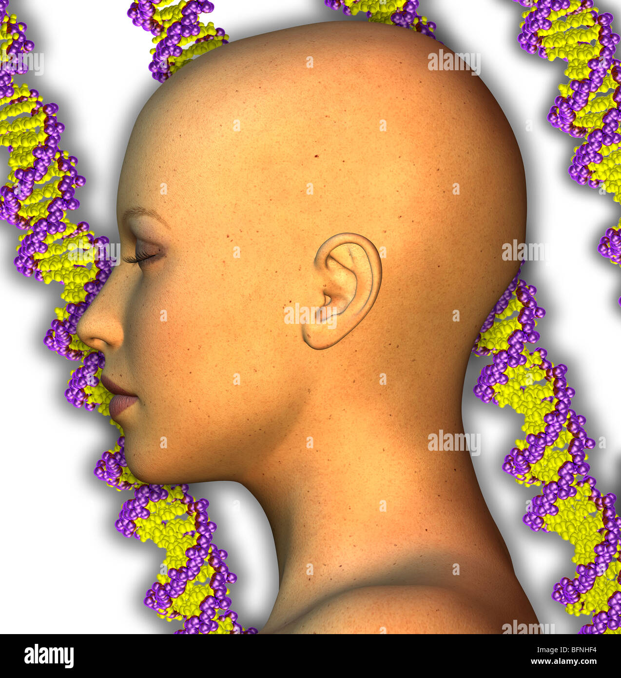 Illustration of a woman's face superimposed over strands of DNA Stock Photo