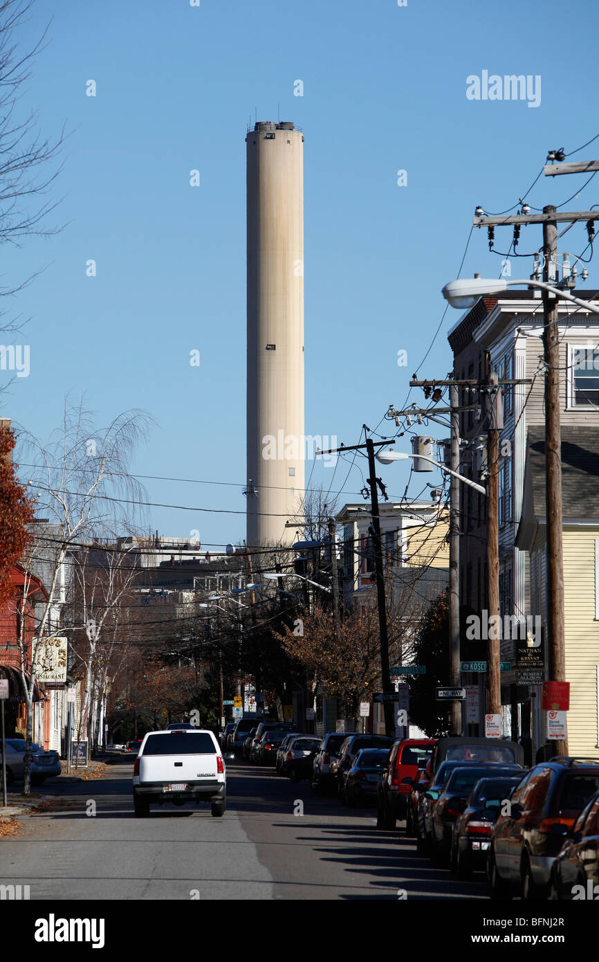 Power station smokestack, residential street, Salem, Massachusetts Stock Photo