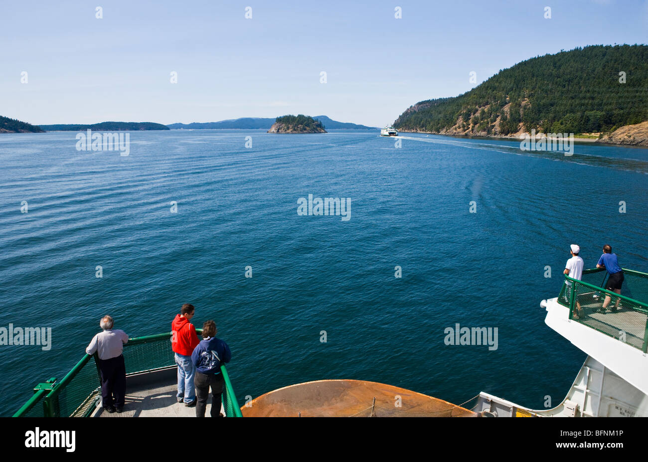 Looking out a window on a Washington State ferry in the San Juan Islands, Washington, USA. Stock Photo