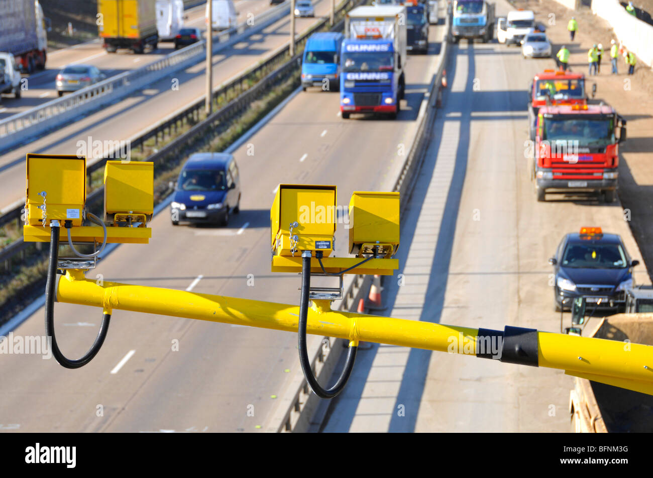 M25 motorway road widening construction project and variable speed cameras Stock Photo Alamy