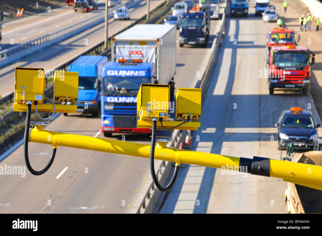 M25 motorway road widening construction project and variable speed cameras Stock Photo Alamy