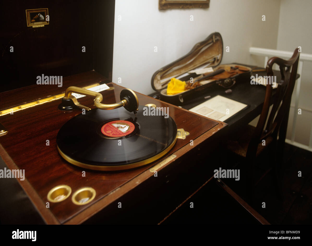 UK, England, Worcestershire, Broadheath, Elgar’s Birthplace museum, his gramophone Stock Photo
