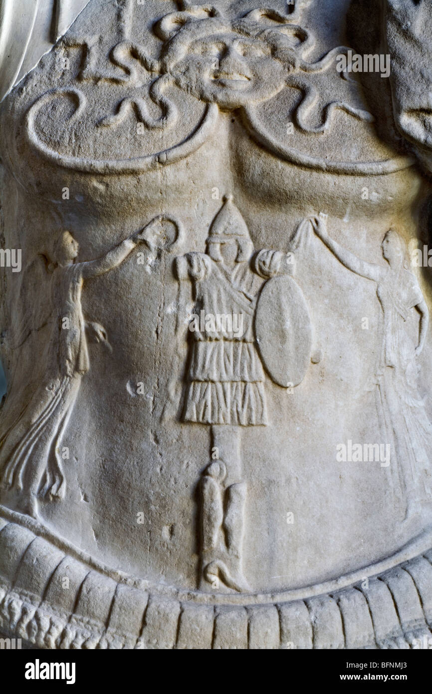 Detail of a sculpted Roman cuirass. See description for more information. Stock Photo