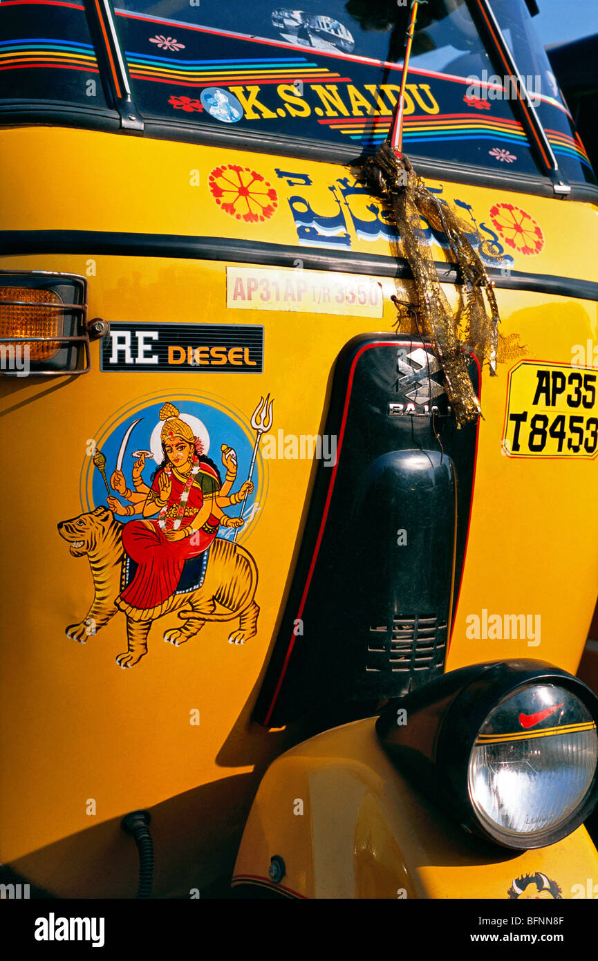 HMA 62501 : Painted picture of Goddess durga on auto rickshaw ; Andhra Pradesh ; India Stock Photo