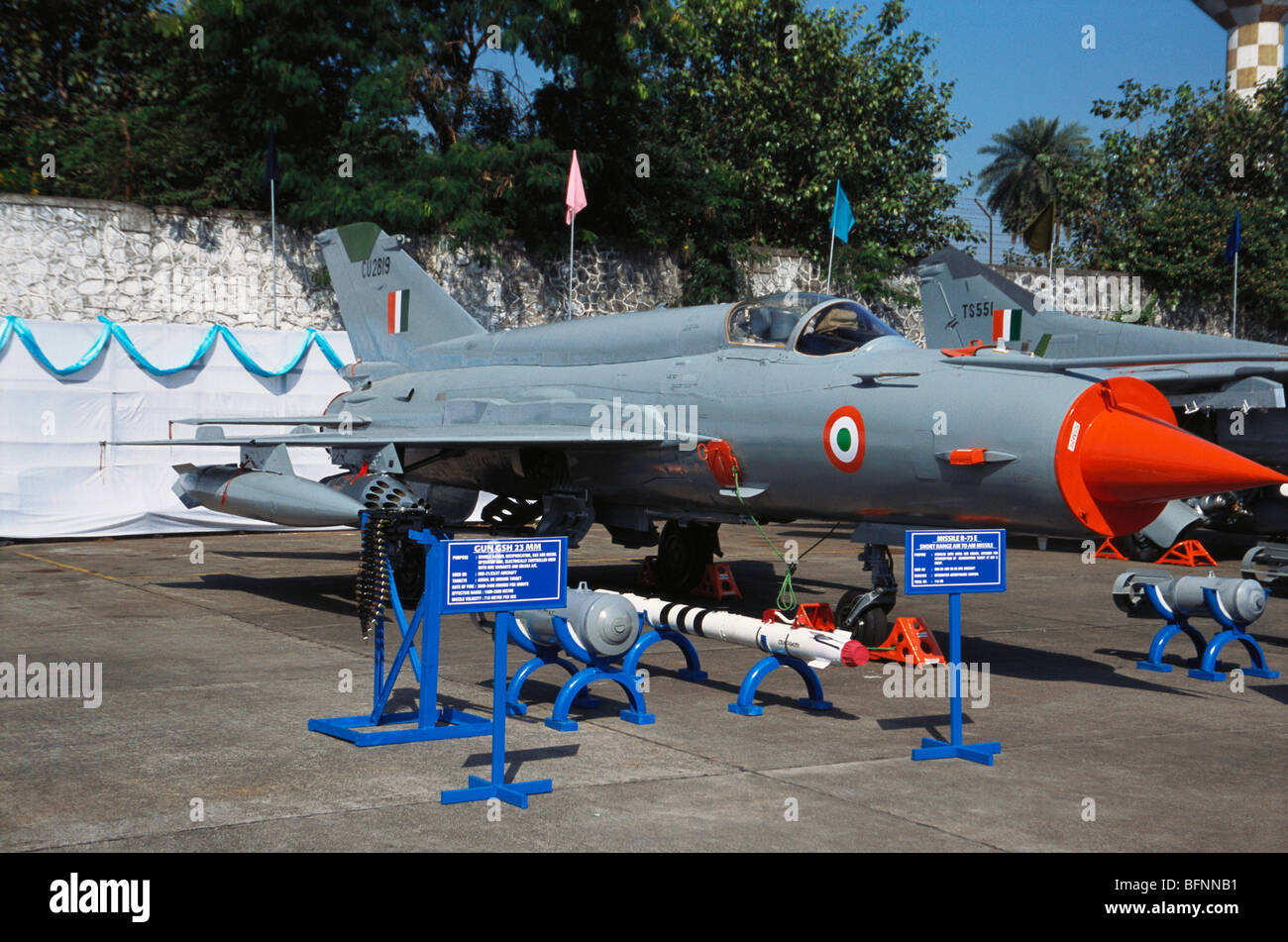 MIG 21 fighter ; Indian air force ; Chhatrapati Shivaji Maharaj International Airport or Sahar ; Bombay Mumbai ; Maharashtra Stock Photo