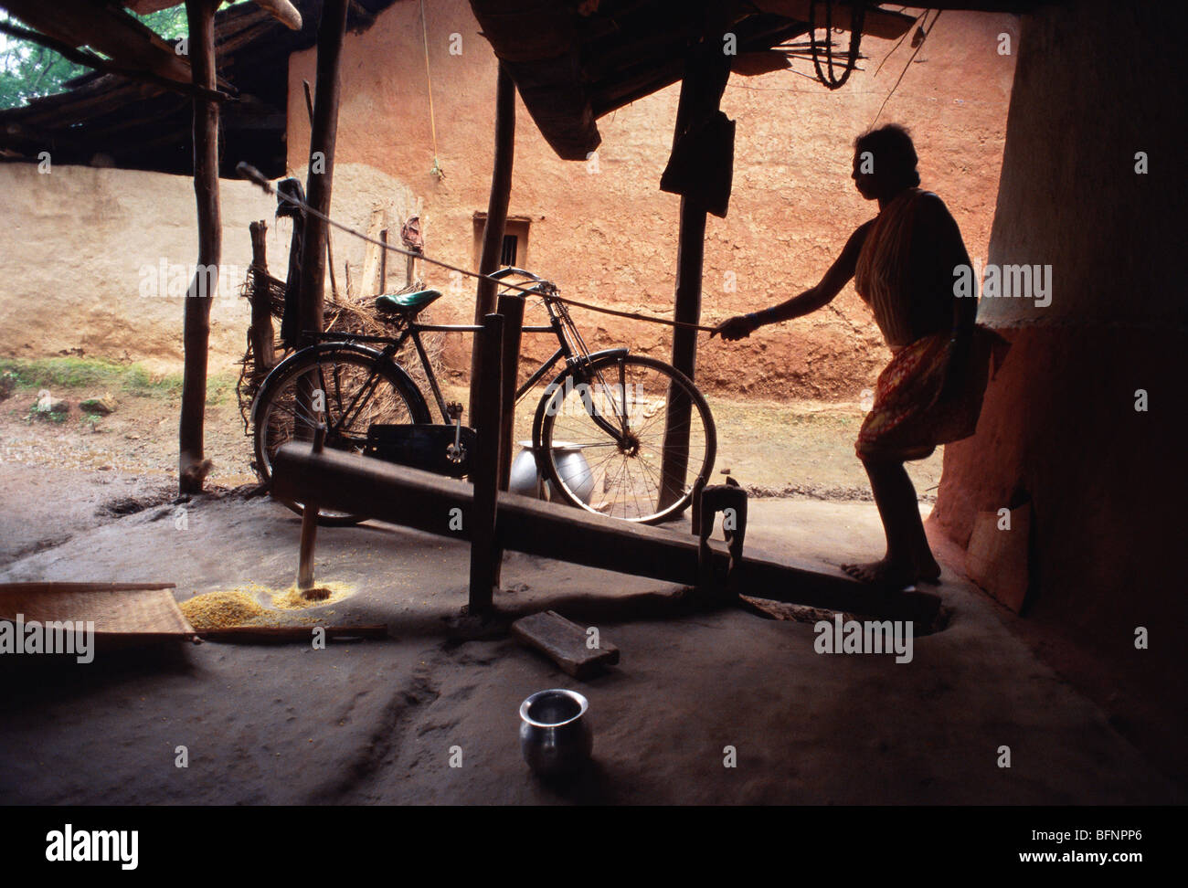 Woman pounding rice ; Raipur ; Chhattisgarh ; India ; asia Stock Photo