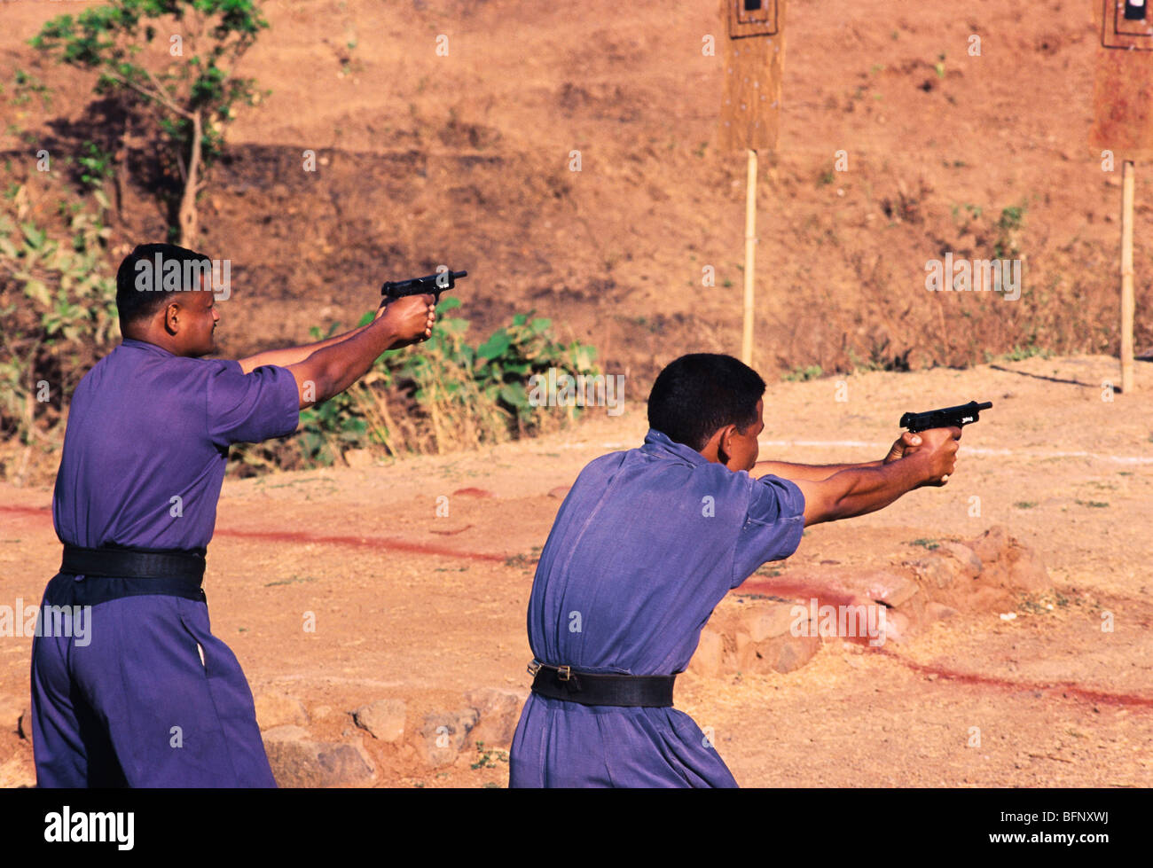 Police training at firing range ; Bombay ; Mumbai ; Maharashtra ; India
