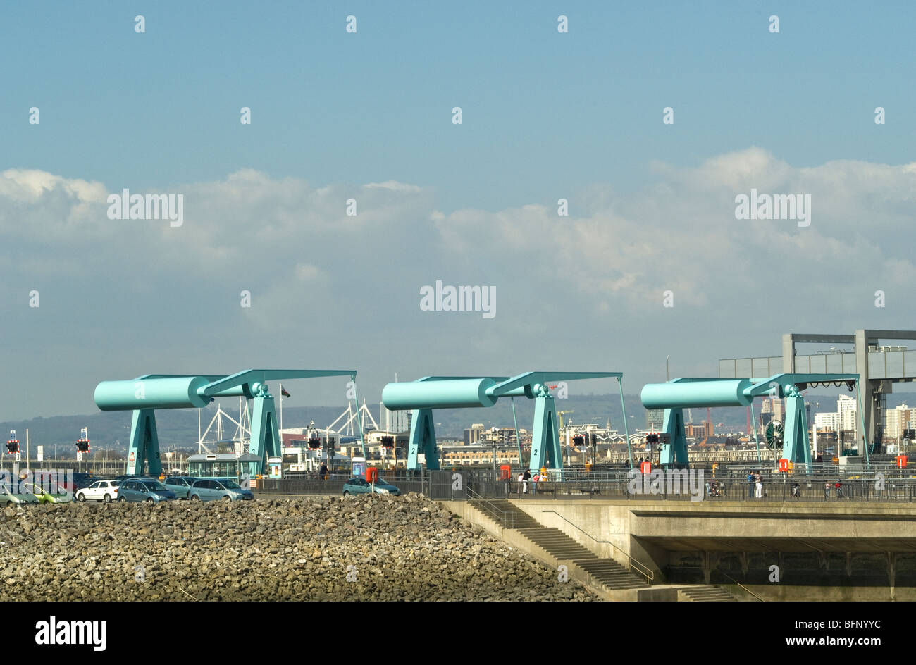 Bascule Bridge on the Cardiff Bay barrage in Cardiff south Wales Stock Photo