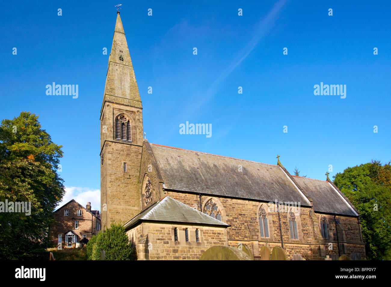 Bamford Church in the Peak District, Derbyshire on a bright sunny day Stock Photo