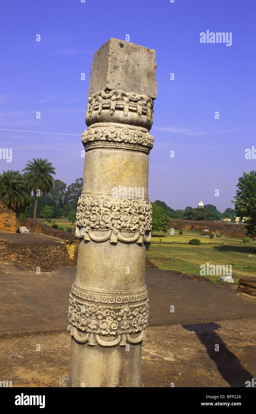 Elegantly carved pillar ; Chaitya site number twelve ; Nalanda University Complex ; Nalanda ; Rajgir ; Bihar ; India ; Asia Stock Photo