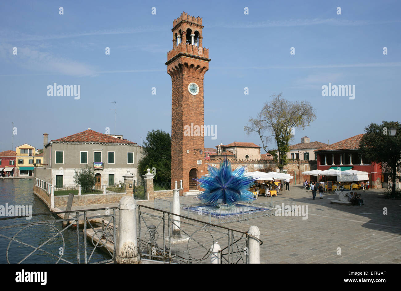 Venice, Murano, Campo San Stefano, tower with glass sculpture Stock Photo