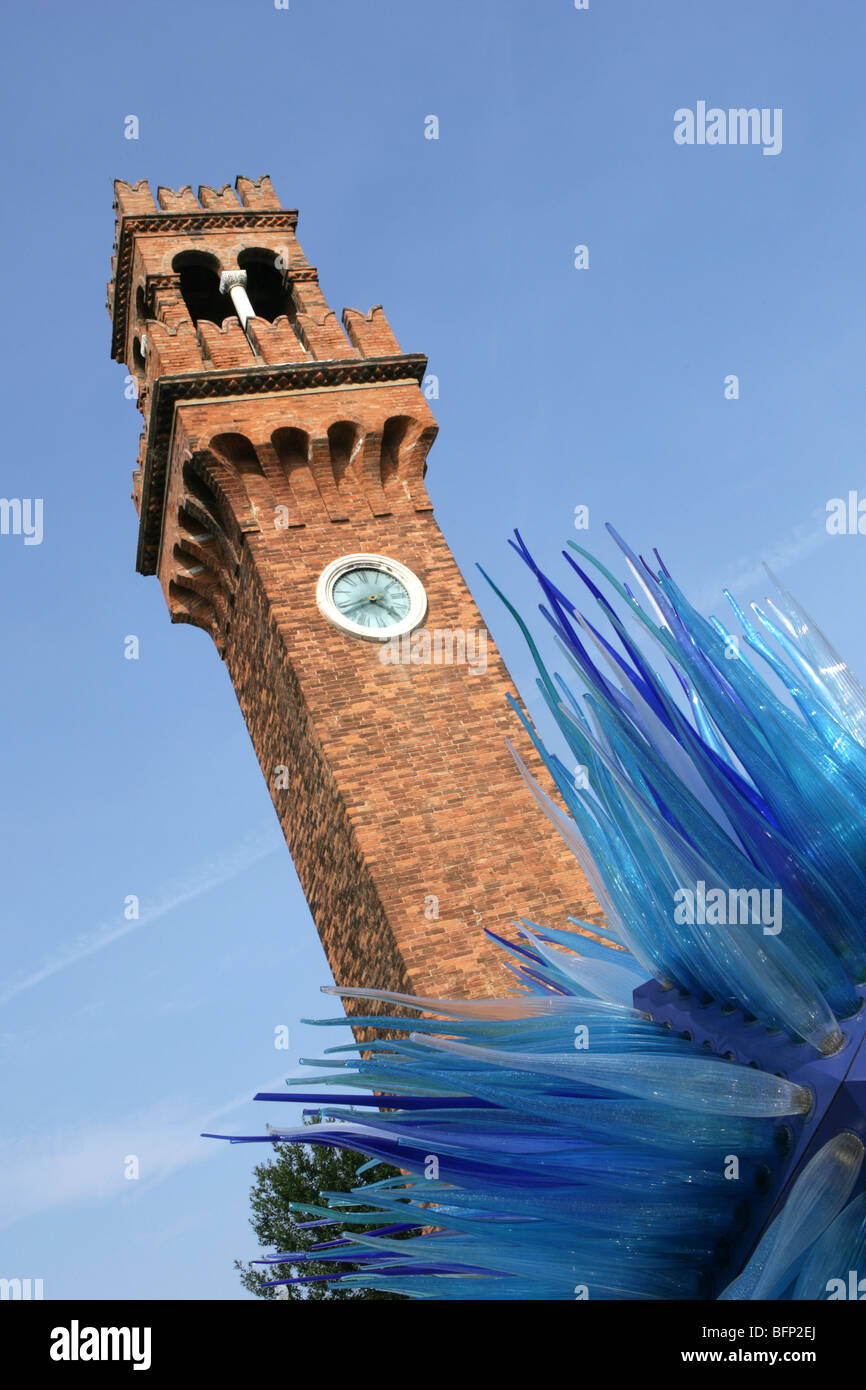 Venice, Murano, Campo San Stefano, tower with glass sculpture, portrait Stock Photo