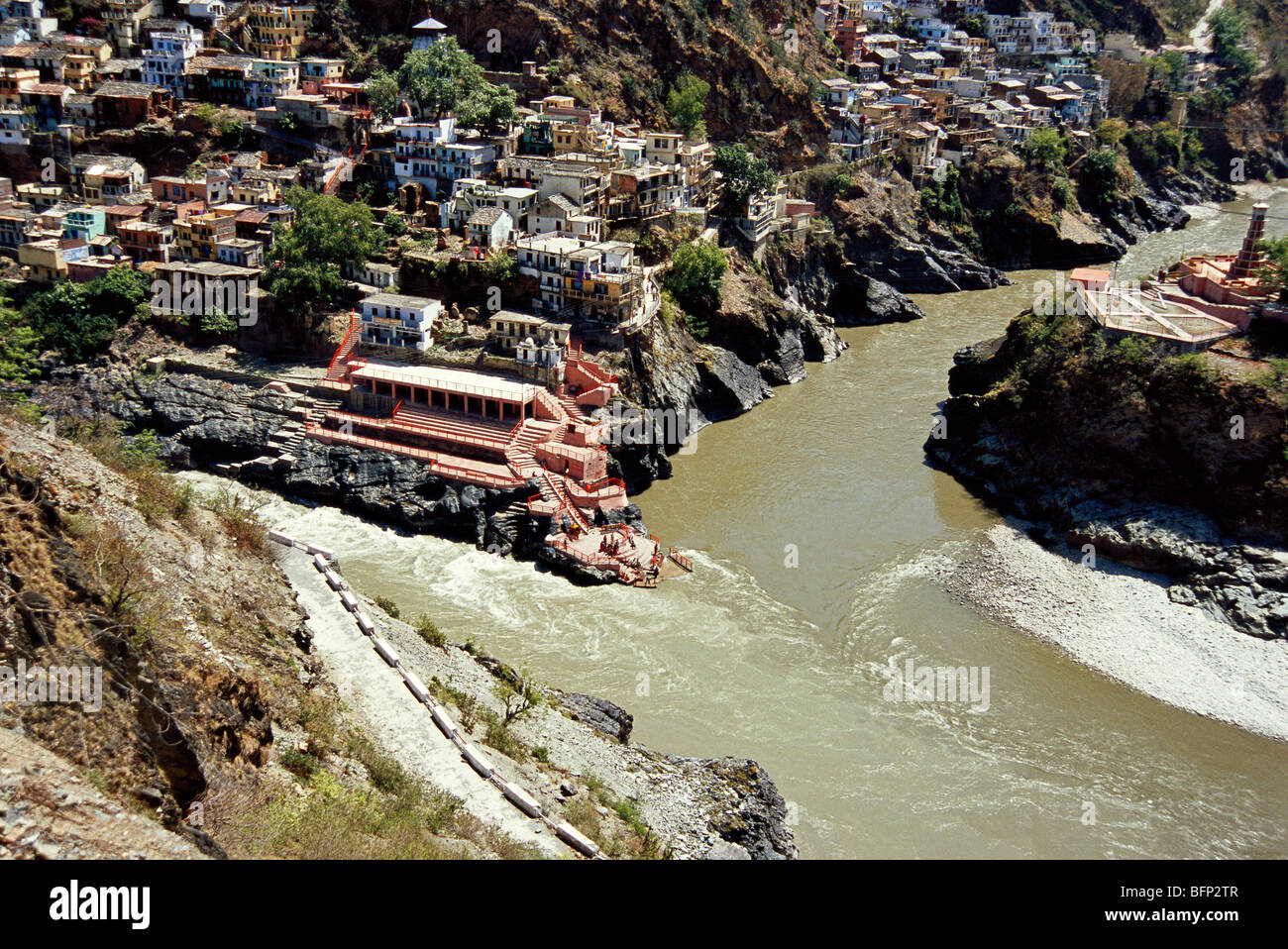 Confluence of Bhagirathi and Alaknanda and Saraswati rivers ; Deva prayaga ; Devprayag ;  Tehri Garhwal ; Uttaranchal ; Uttarakhand ; India ; Asia Stock Photo