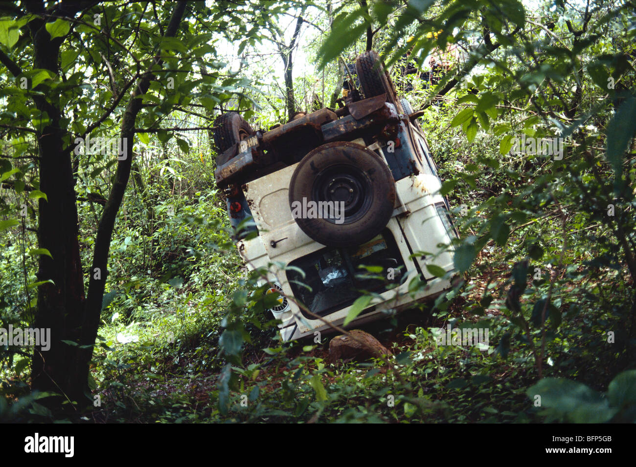 Jeep upside down ; jeep accident ; jeep turned turtle ; India ; asia Stock Photo
