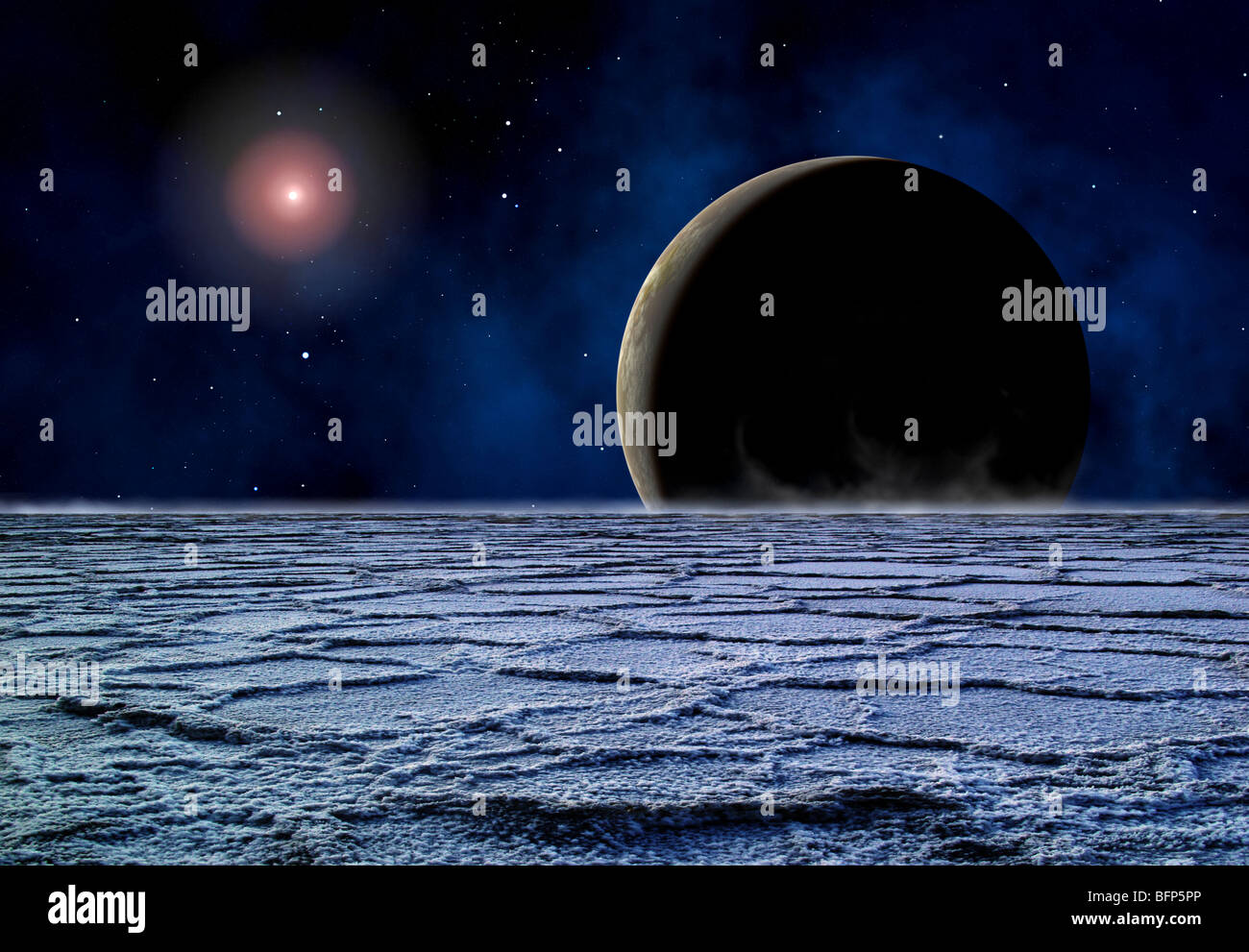 A distant star illuminates an extrasolar planet on the horizon of a frozen moon. Stock Photo