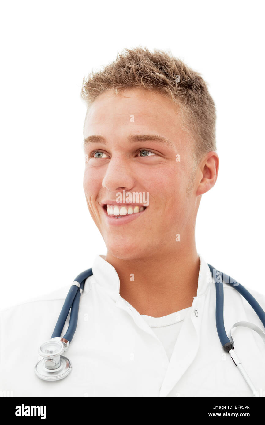 Smiling young handsome blond doctor isolated on white Stock Photo