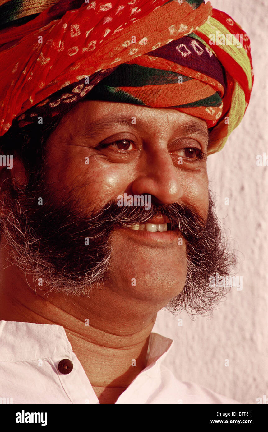 Indian rural man wearing turban and with large mustache ; Rajasthan