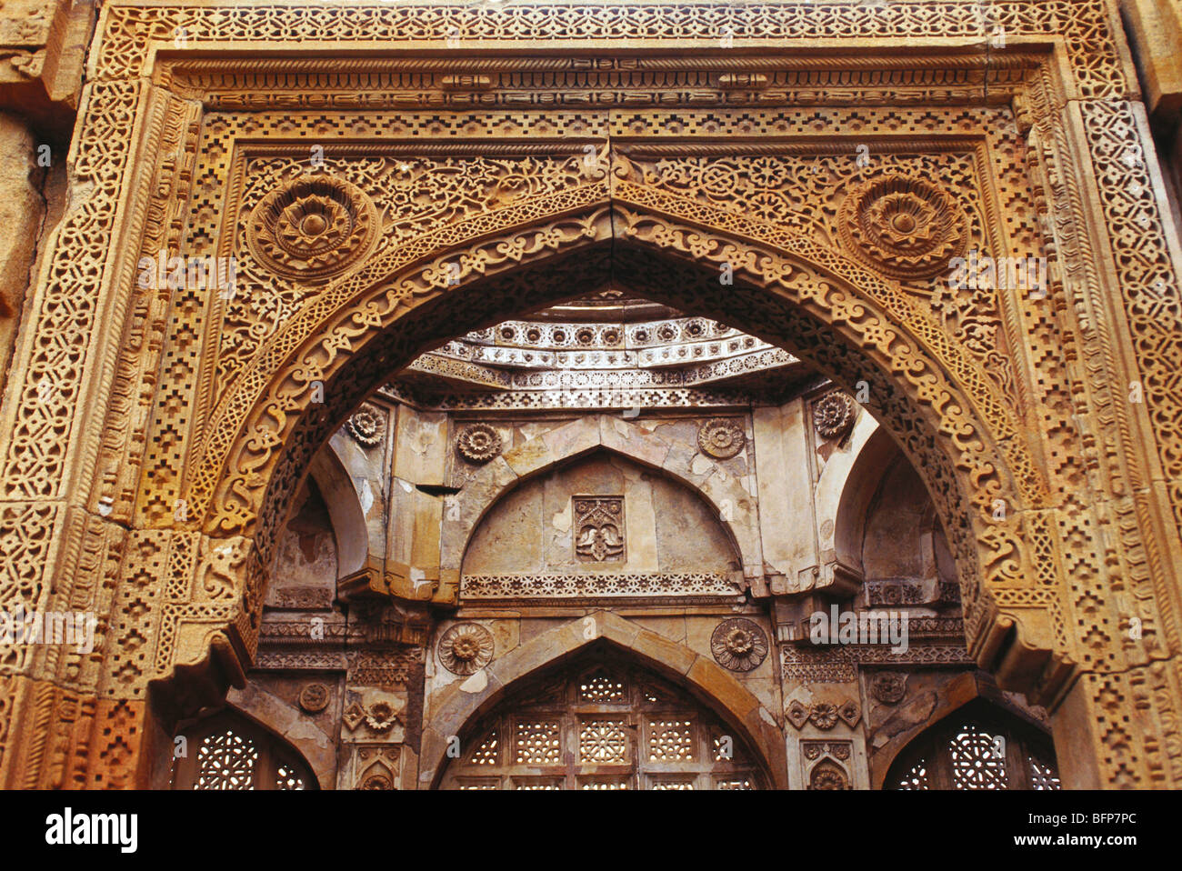 Jama Mosque ; Stone carving in Jami Masjid ; Champaner Pavagadh Archaeological Park ; Champaner ; Panchmahal ; Gujarat ; India ; Asia Stock Photo