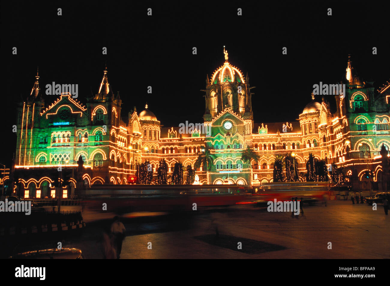 AHP 65467 : Illuminated VT Victoria Terminus station ; 150 years ; CST ; Bombay Mumbai ; Maharashtra ; India Stock Photo
