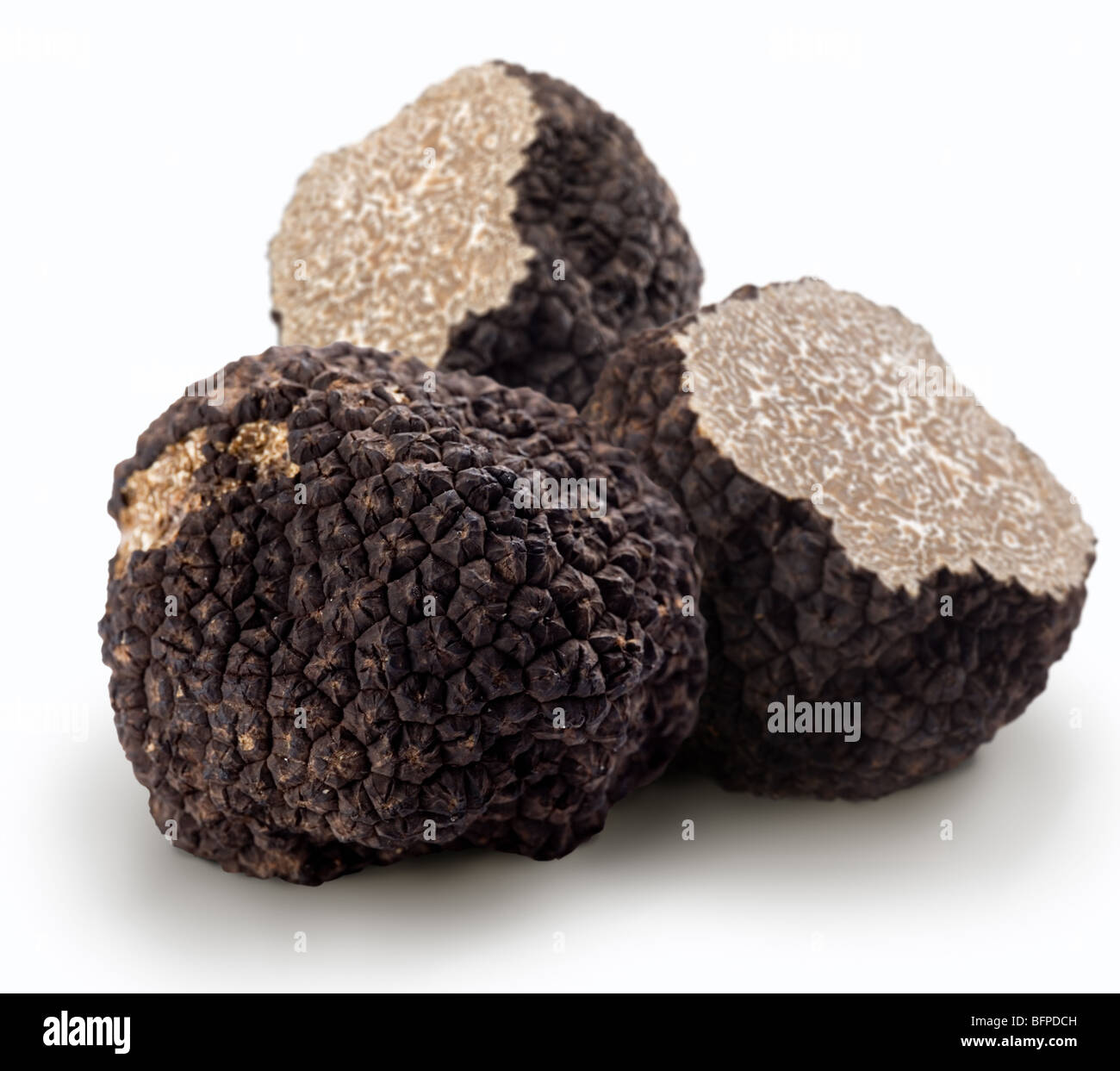 Black truffles on a white background Stock Photo