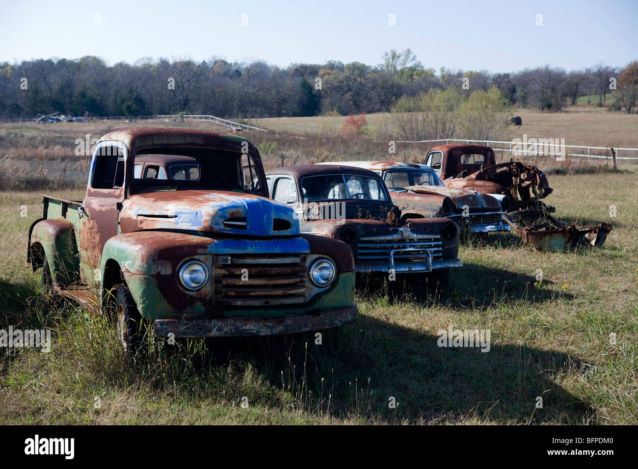 Rusting vintage cars in northeast Oklahoma. Stock Photo
