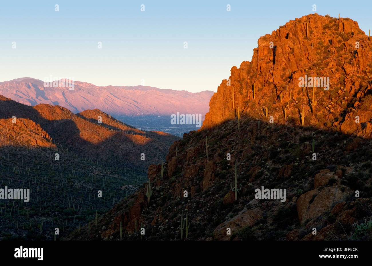 Looking at Tucson from Gates Pass at sunset Stock Photo