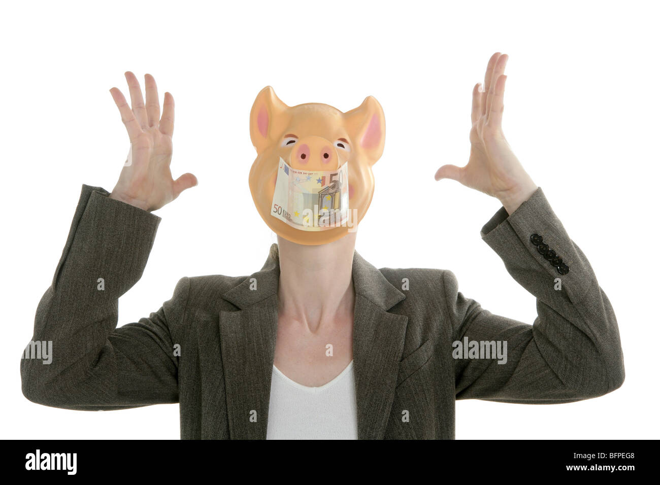 Woman with swine face, Euro note mask, pandemic crisis Stock Photo Alamy