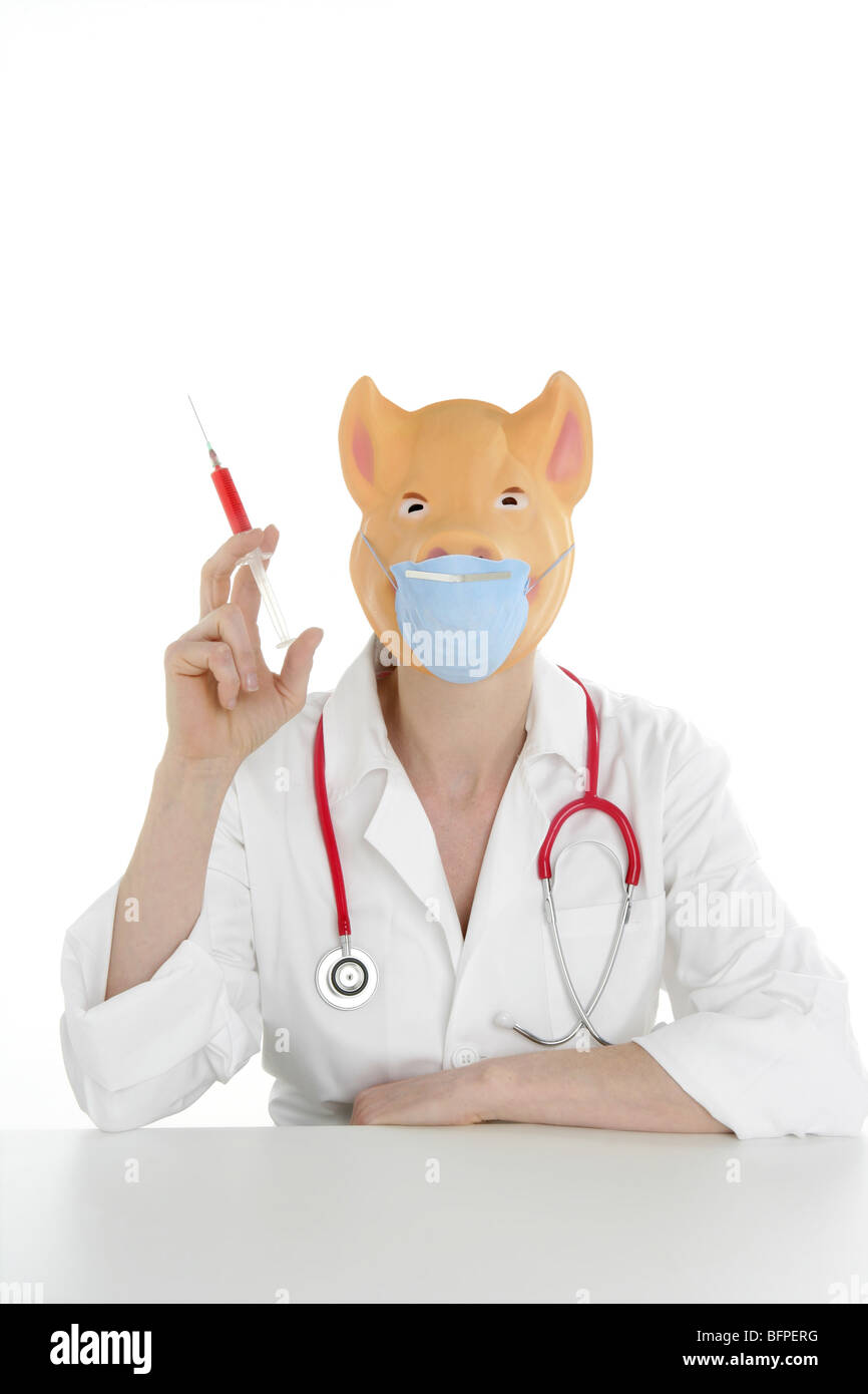 Doctor with pig mask and syringe, swine flu metaphor Stock Photo - Alamy