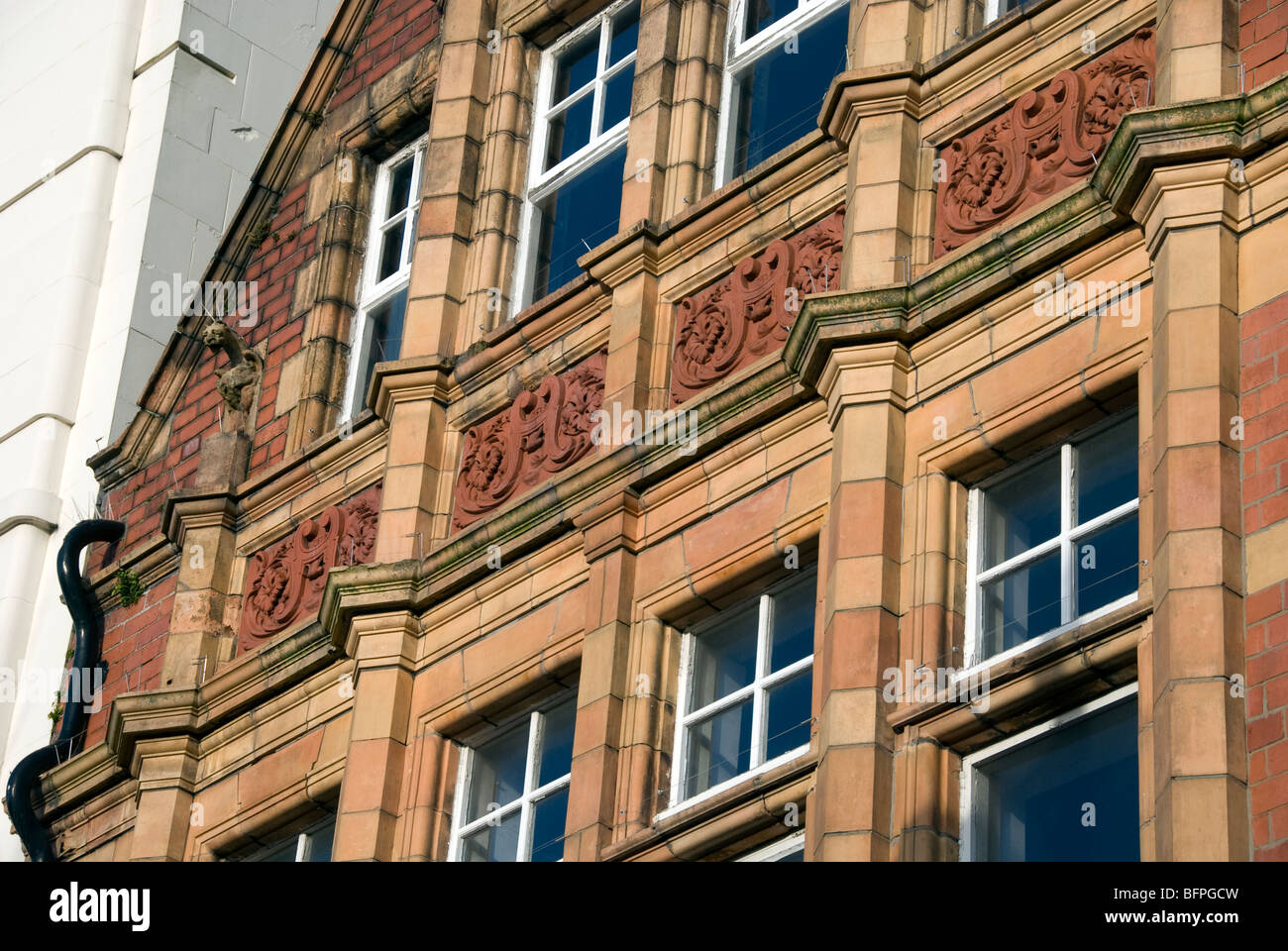 Detail of the ornate stone work on one of the buildings in Grange Road, Birkenhead, Wirral Stock Photo