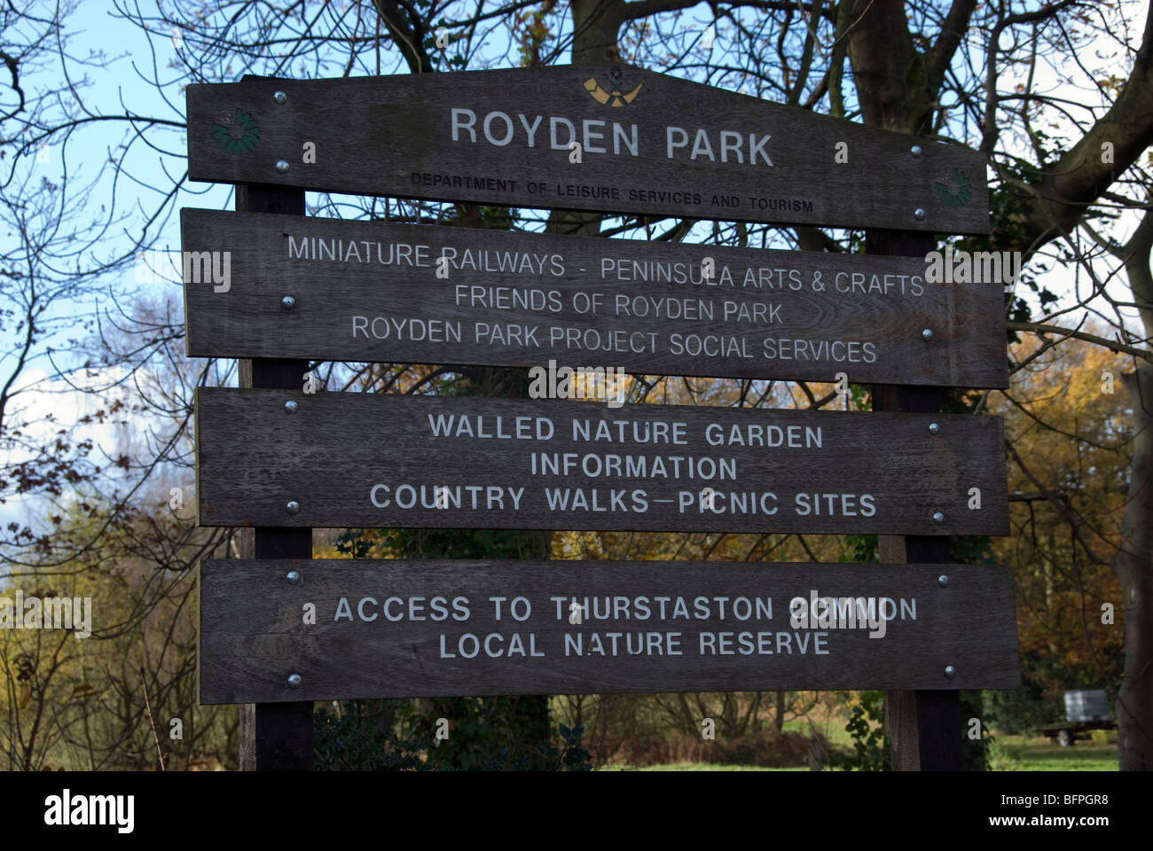 Sign post at the main entrance to Royden Park near Thurstaston Common, Wirral Stock Photo