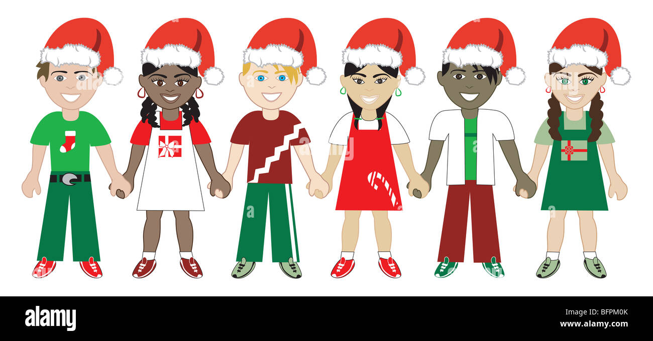 Vector Illustration of 6 kids of different ethnic backgrounds for the Holidays. Stock Photo