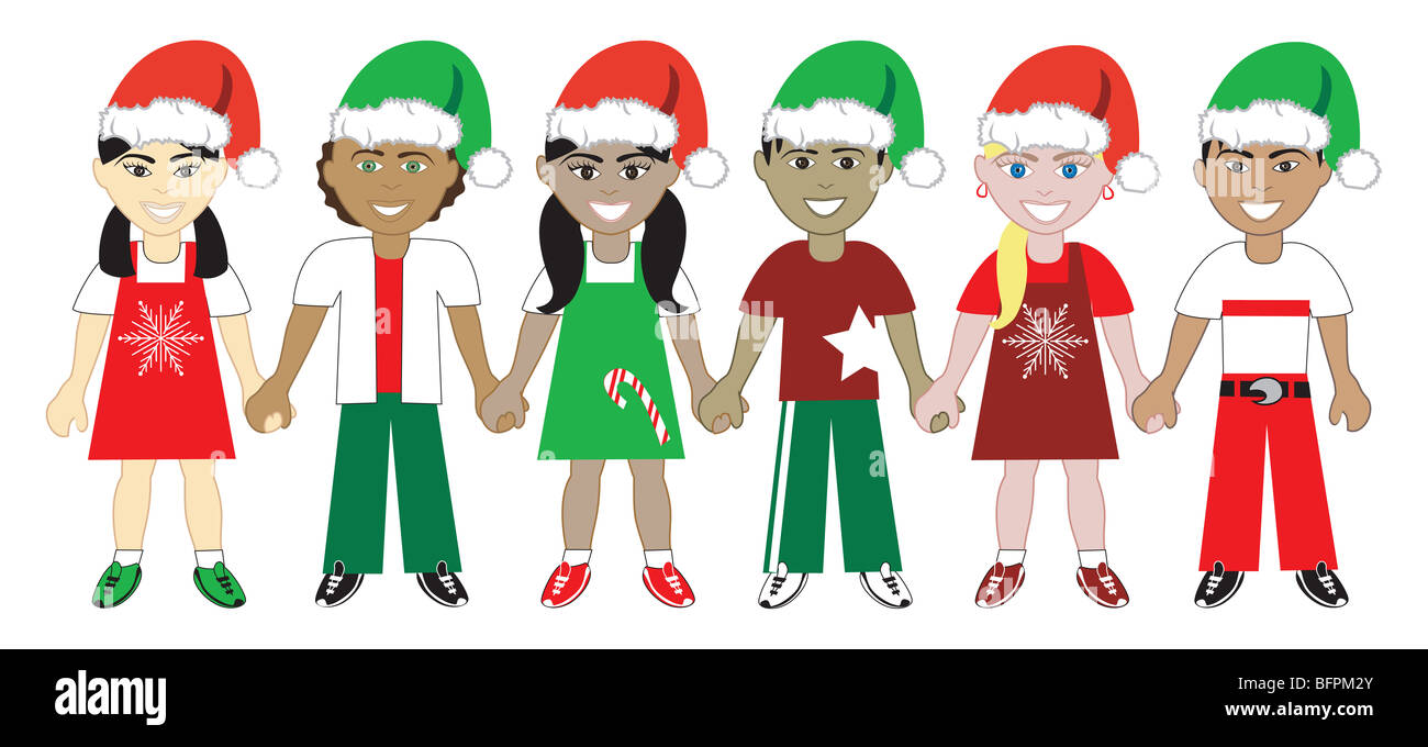 Vector Illustration of 6 children dressed for the holidays. Stock Photo