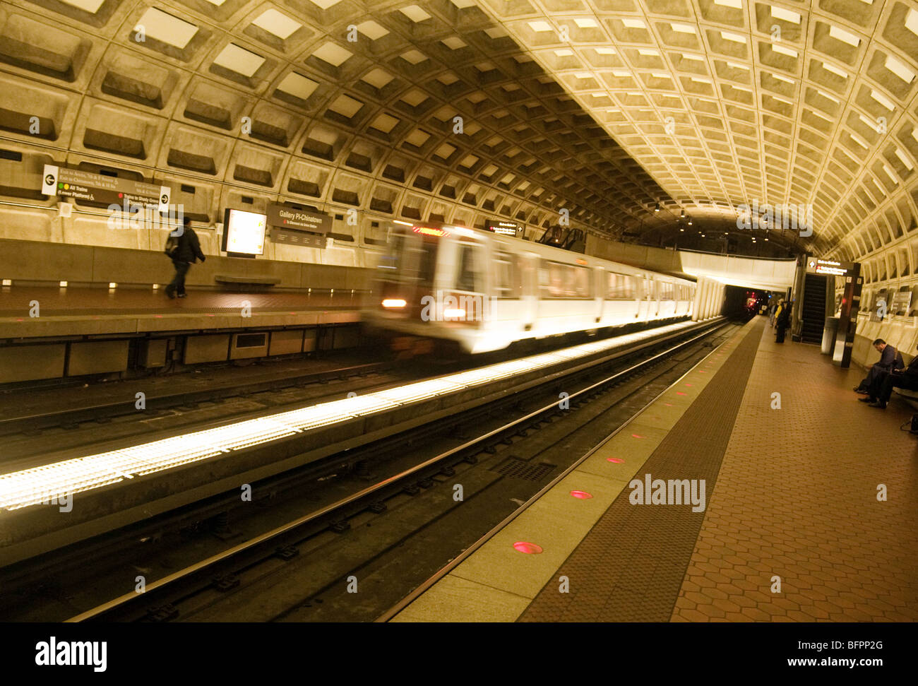 A train arriving at a station, the metrorail or metro underground rail system, Washington DC USA Stock Photo