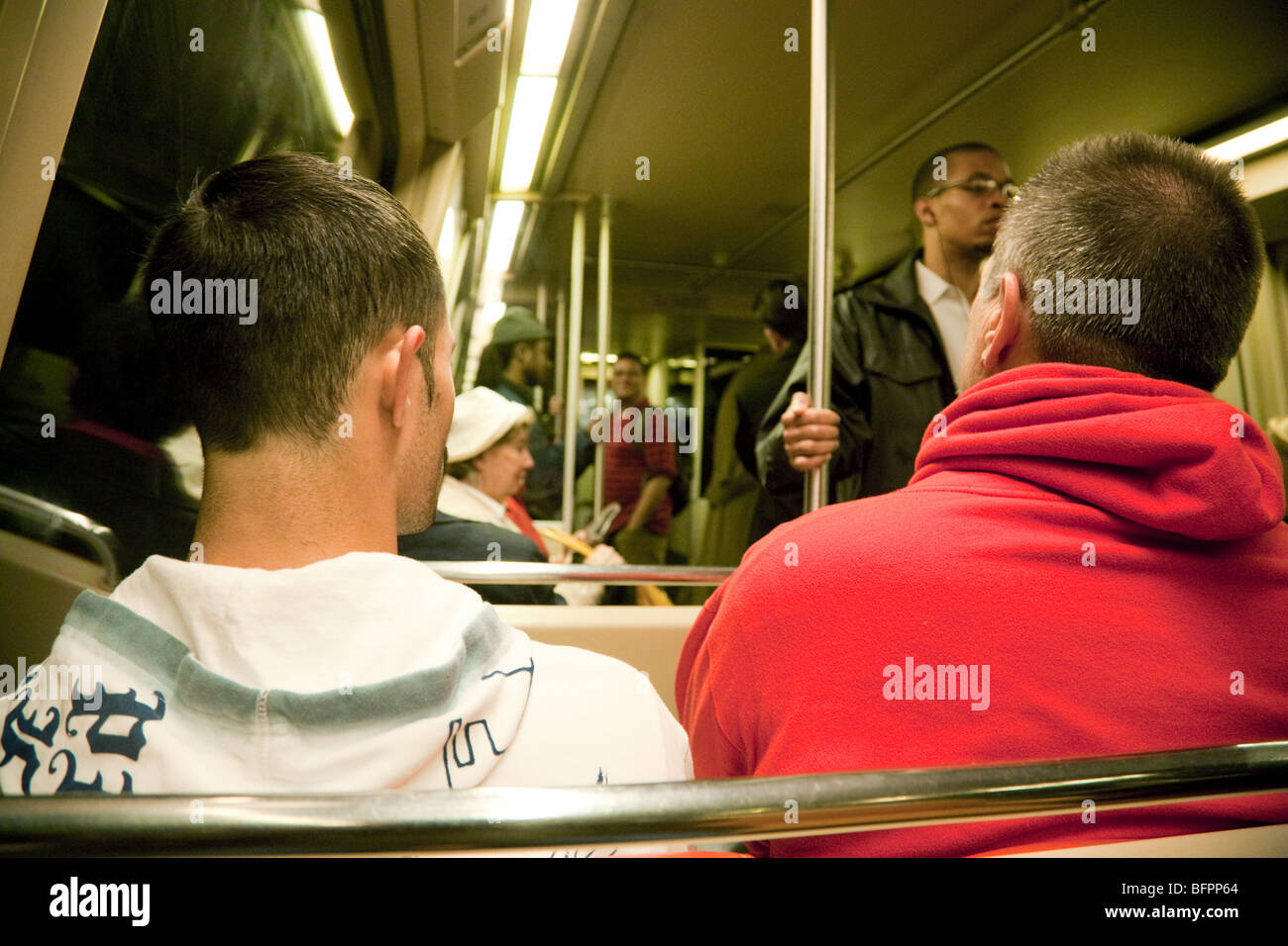 People on the metrorail or metro underground rail system, Washington DC USA Stock Photo