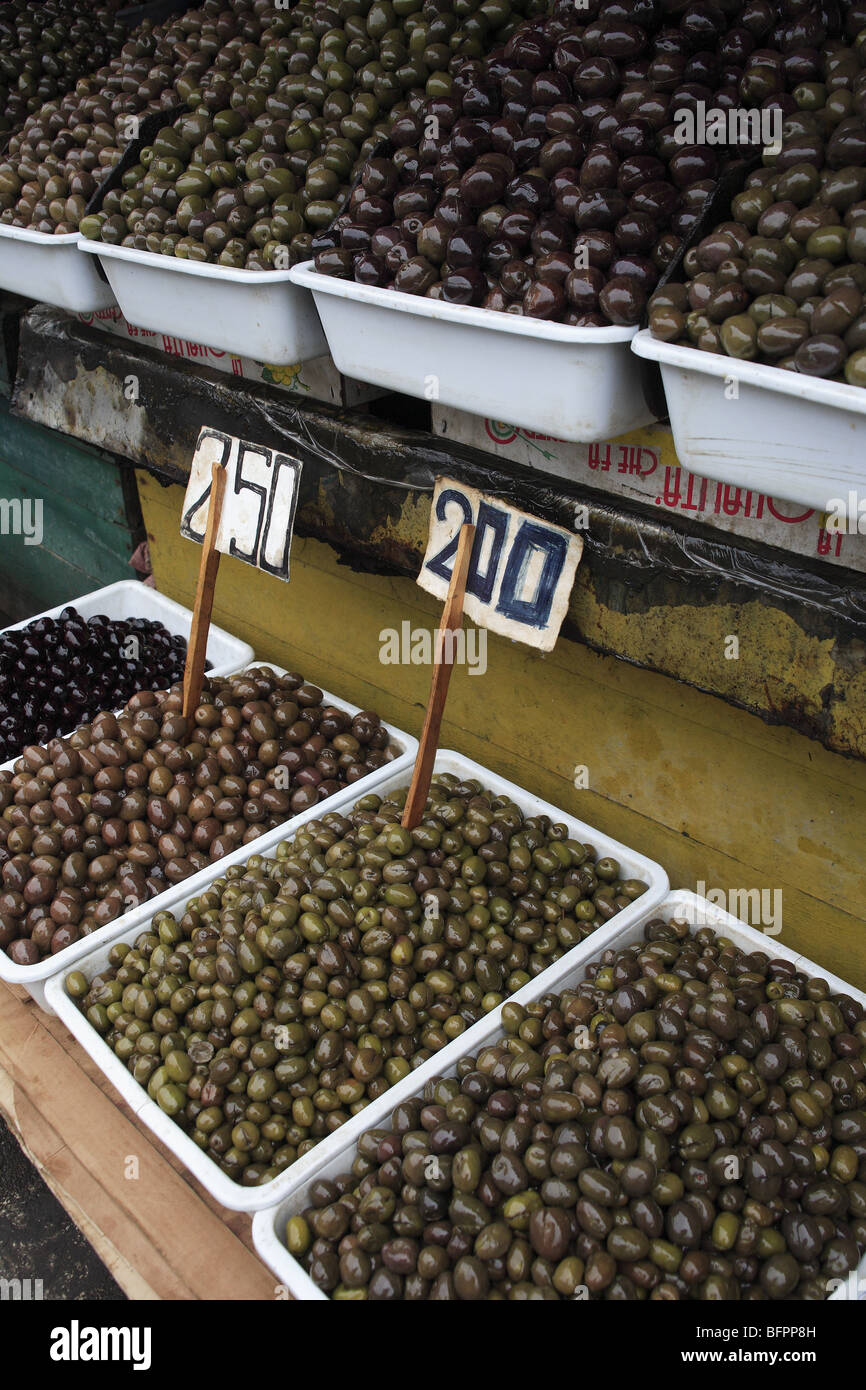 Display of olives in the market of the Avni Rustemi district of Tirana, Albania Stock Photo