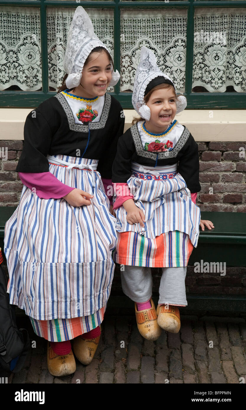 Two children in period Dutch costume at folk museum Zuiderzeemuseum ...